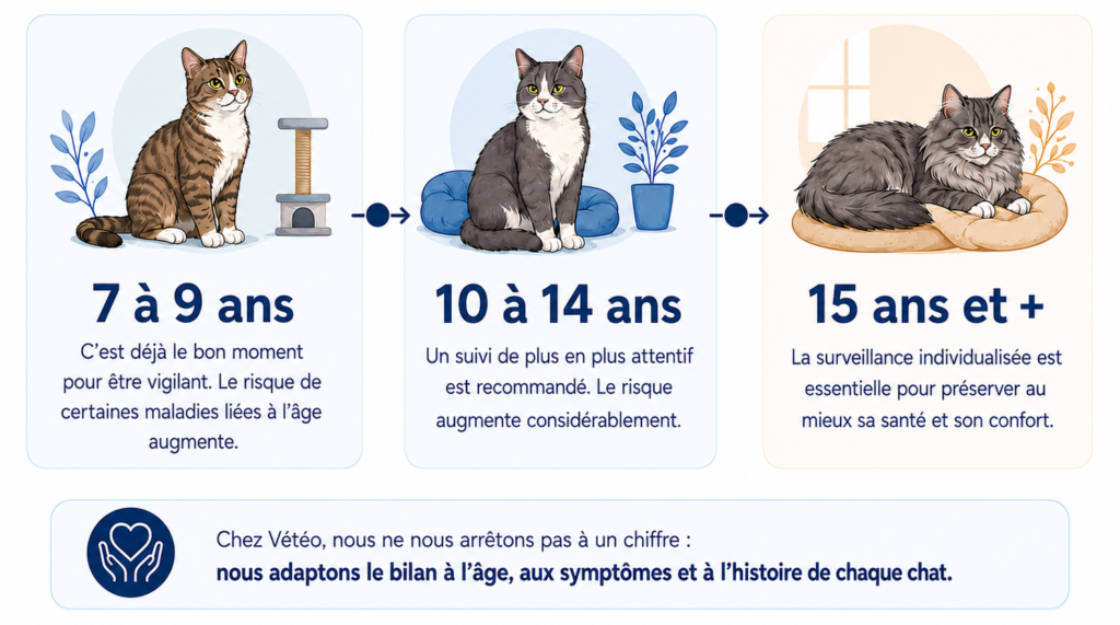 Schéma du vieillissement du chat et des grandes périodes d'âge